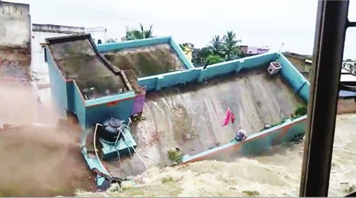 One of the houses that collapsed due to flash flood in Bankura on Monday.