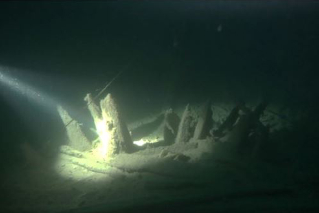 Fragments of ancient Roman shipwreck underwater