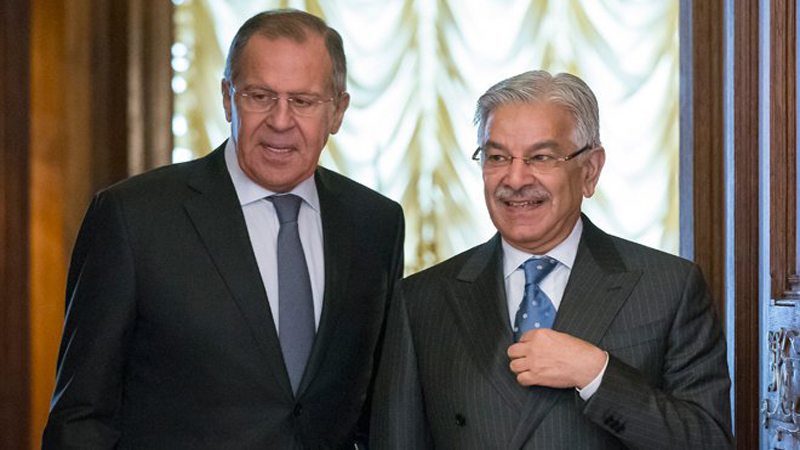 Click to enlarge Russian Foreign Minister Sergei Lavrov, left, welcomes Pakistani Foreign Minister Khawaja Muhammad Asif during a visit to Moscow