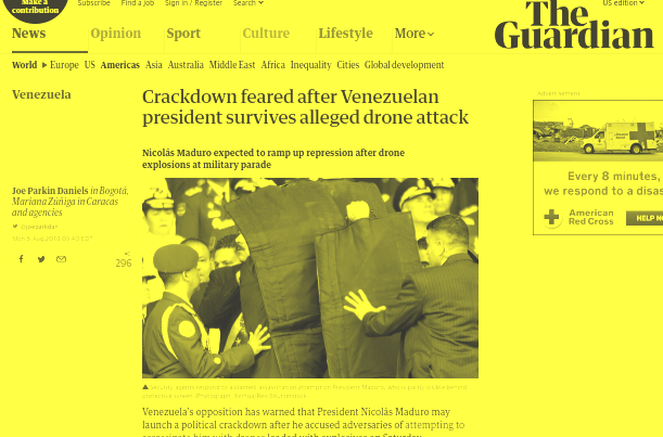Click to enlarge The Guardian's slanted coverage of Saturday's attack on Maduro.