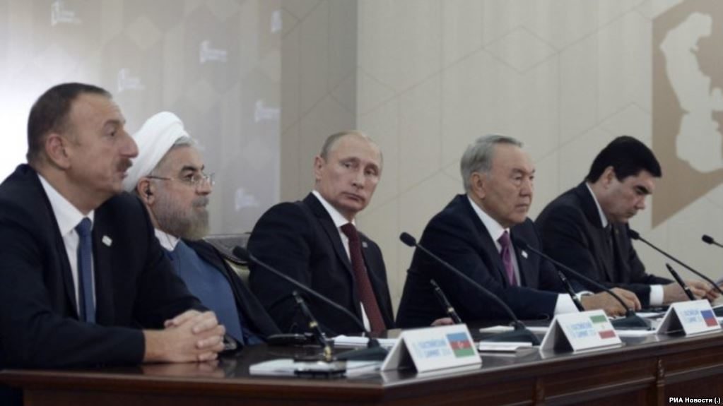 The presidents of Azerbaijan (left to right), Iran, Russia, Kazakhstan, and Turkmenistan attend the summit of the heads of the Caspian states in Aqtau on August 12.