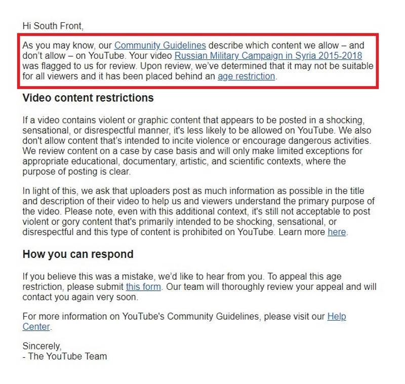SoutFront Youtube censorship