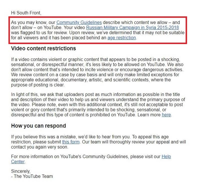 Click to enlarge SoutFront Youtube censorship