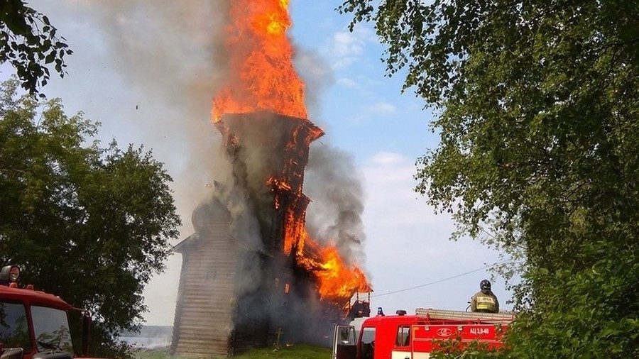 The Uspenskaya Church of the XVIII century burned down in Kondopoga, Russia