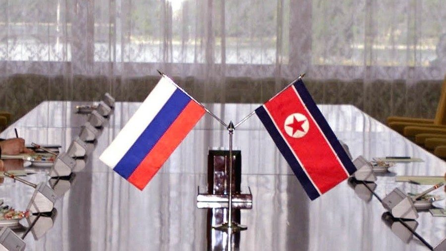 The flags of Russia and North Korea