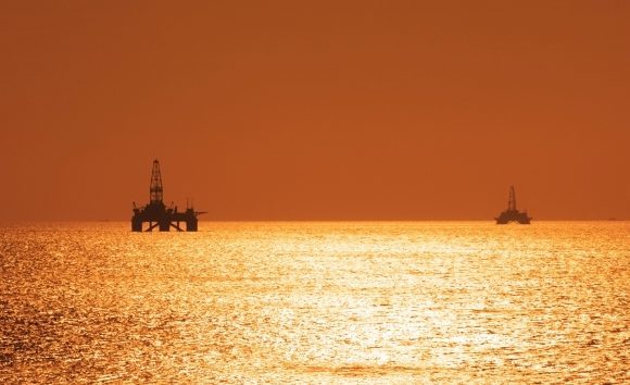 Two offshore oil rigs on the Caspian sea.
