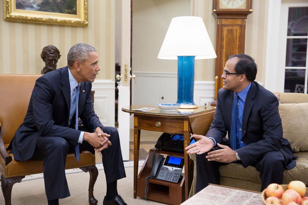 Click to enlarge Deven Parekh in conversation with Barack Obama