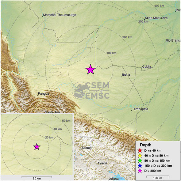 Click to enlarge The massive quake struck 248km northwest of Puerto Maldonado