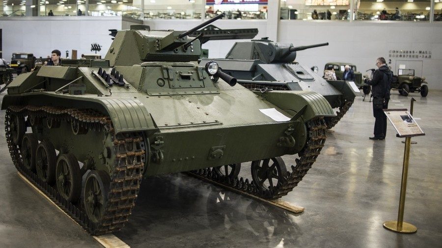 A T-60 Soviet light-weight tank of the WWII era on display at the War Motors international exhibition.