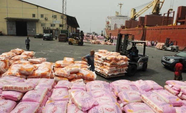 Imported rice at the port in Abidjan.