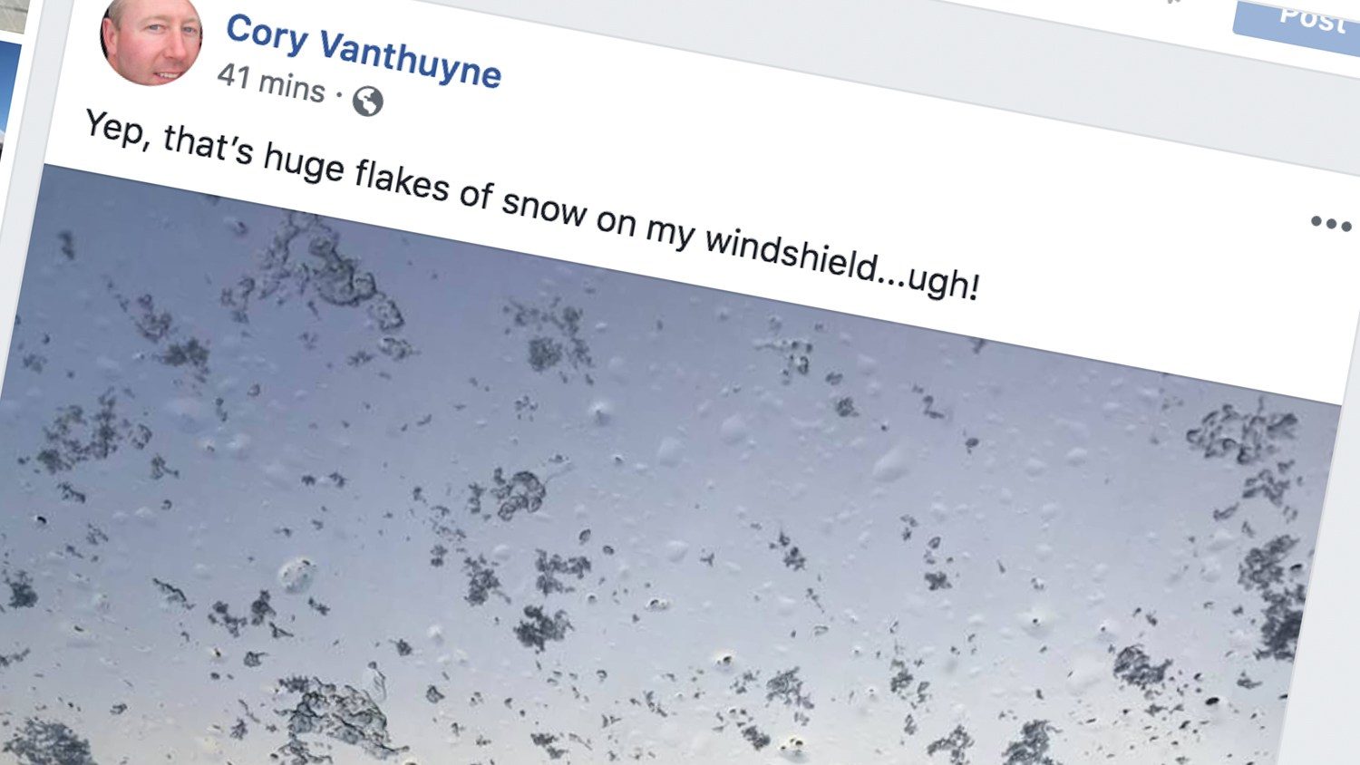 A screenshot of a Facebook post from Yellowknife North MLA Cory Vanthuyne following snow on September 5, 2018.
