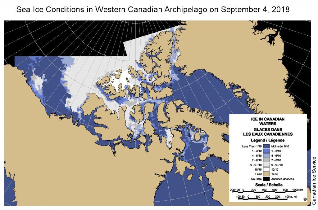 This map from the Canadian Ice Service shows sea ice conditions in the western part of High Arctic islands on Sept. 4.