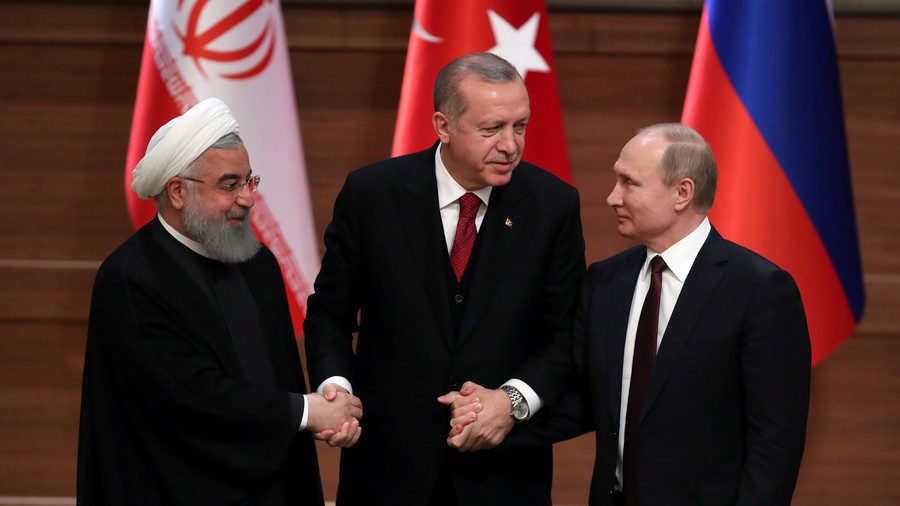 Presidents Hassan Rouhani, Tayyip Erdogan and Vladimir Putin