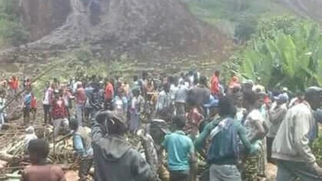 This undated photo purportedly shows residents gathering at the site of a landslide in Ethiopia's south.