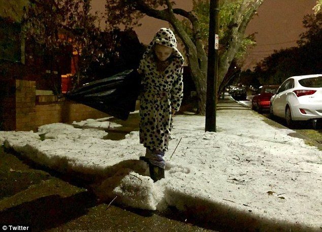 Click to enlarge Social media users shared images of snow-like hail covering roads and footpaths across the city