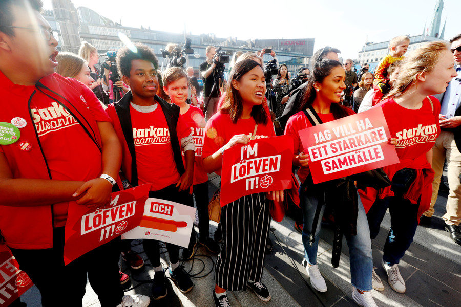 Social Democrat supporters at a demonstration in Stockholm