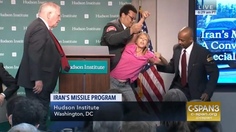 codepink founder benjamin disrupts anti-iran speech