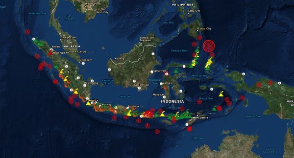 Volcano map in the region of Indonesia.