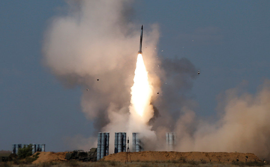 An S-300 air defense system launches a missile during International Army Games