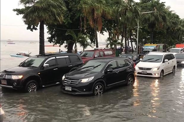 Beach road in Pattaya is flooded after a downpour
