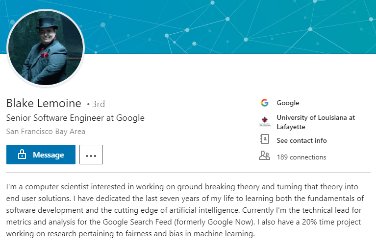 Click to enlarge Blake Lemoine Google Engineer Linkedin profile