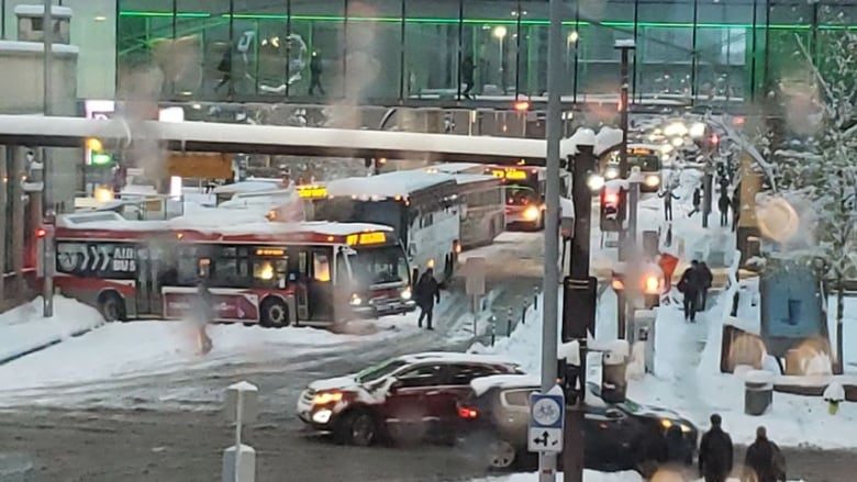 Calgary Transit buses were no match for Tuesday morning's snow-covered roads.