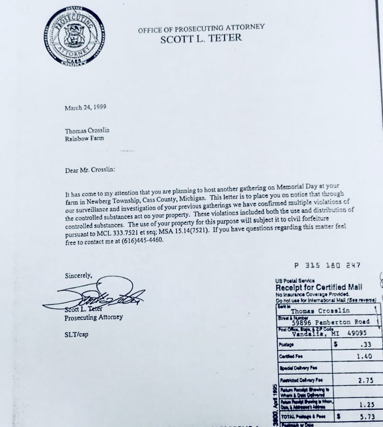 Click to enlarge rainbow farm, letter Scott Teter to Tom Crosslin