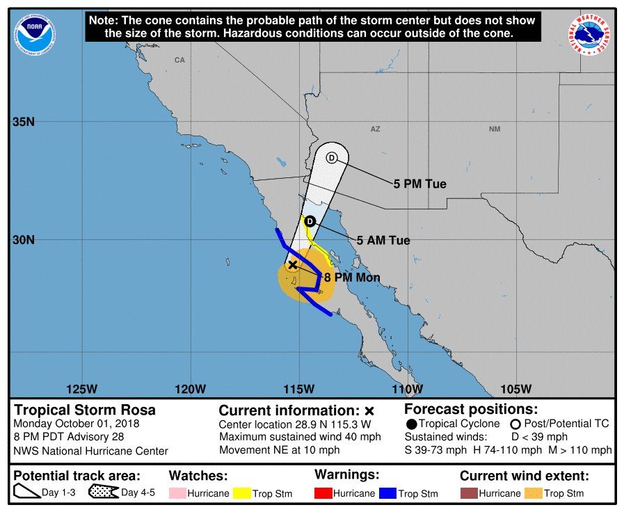 Expected track of Storm Rosa through northern Mexico and South West USA.
