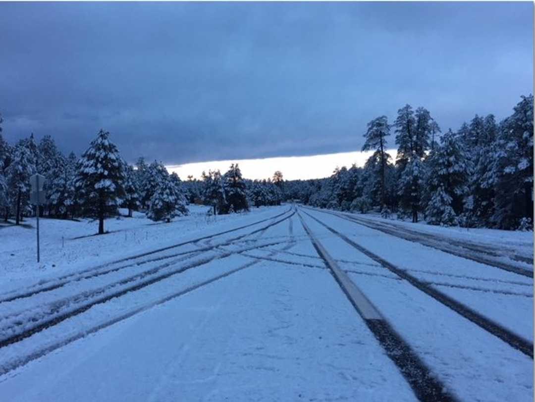 Click to enlarge Snowfall on S.R. 87 near Long Valley in northern Arizona, Oct. 7, 2018.