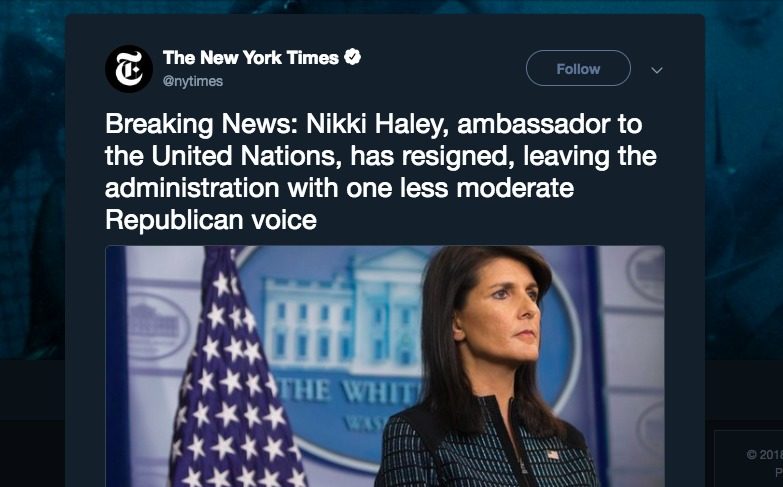 Nikki Haley resigns UN ambassador