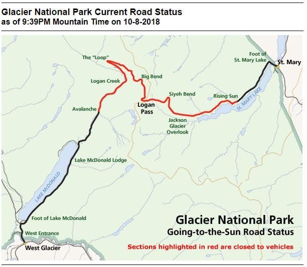 Glacier National Park Current Road Status as of 9:39PM Mountain Time on 10-8-2018