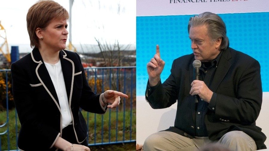 A collage of Nicola Sturgeon and Steve Bannon.