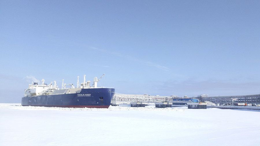 Ice-breaking tanker Christophe de Margerie is docked in Arctic port of Russia