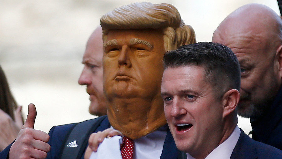 person wearing trump mask
