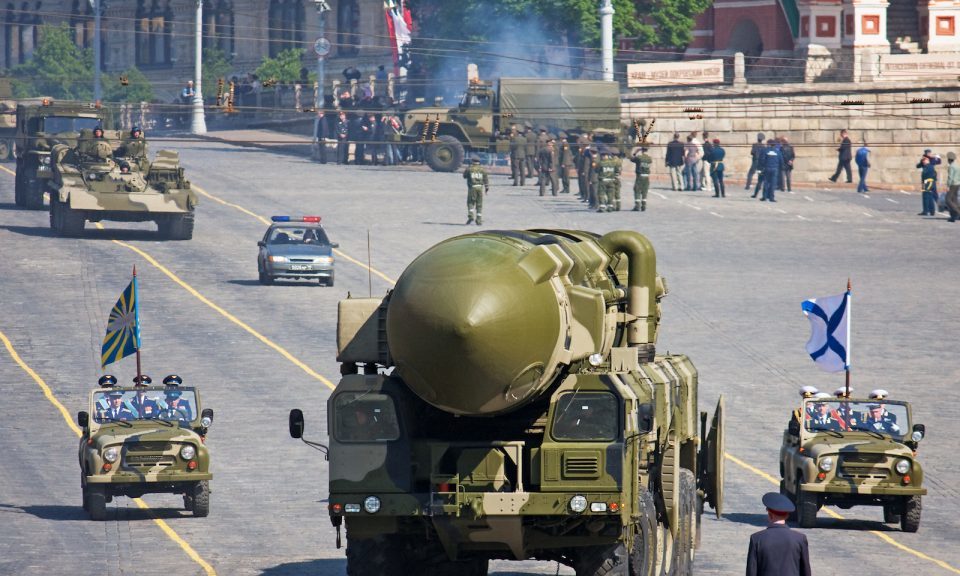 A large Russian missile is seen in a rehearsal for a military parade in Red Square, Moscow, on May, 5 2008.