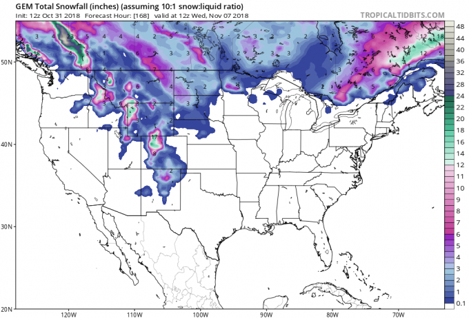 Click to enlarge The storm track in North America stretches the length of the Rockies.