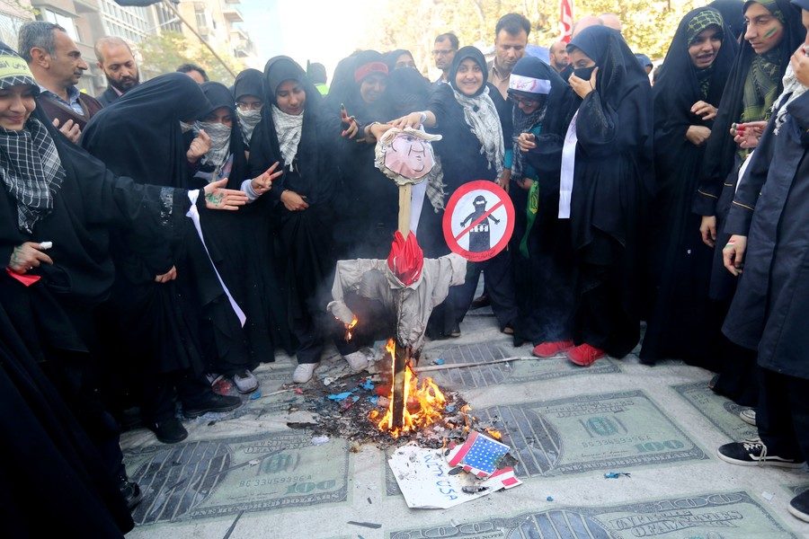 Click to enlarge A demonstration outside the former US embassy in the Iranian capital Tehran on November 4, 2018