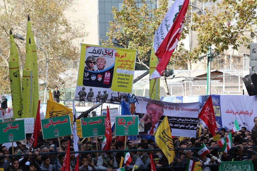 Click to enlarge A demonstration outside the former US embassy in the Iranian capital Tehran on November 4, 2018