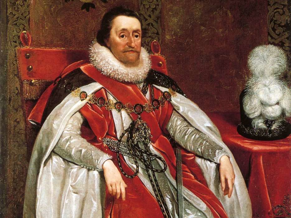 Details from a portrait of King James I by Dutch artist Daniel Mytens.