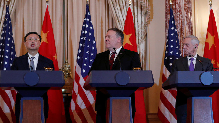 Click to enlarge Mike Pompeo and James Mattis listen to China's Foreign Affairs Director Yang Jiechi, November 9, 2018