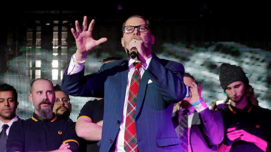 Proud Boy founder Gavin McInnes gives a speech in Manhattan, New York.