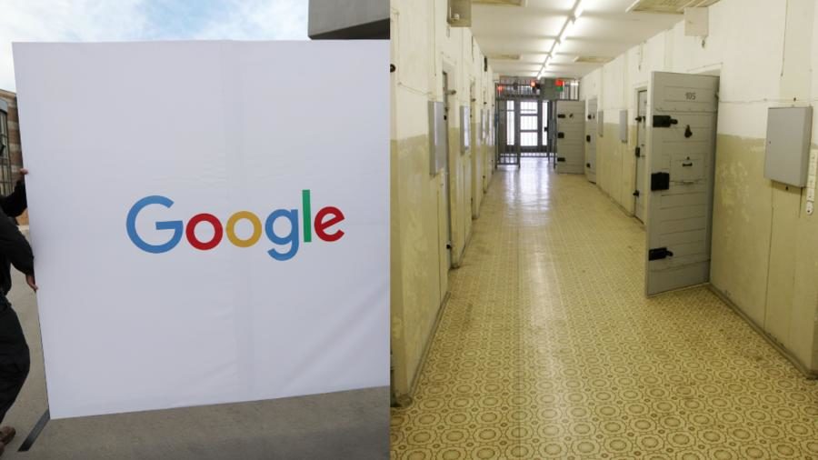 Click to enlarge (L) Workers carry a Google logo ; (R) Could it be Google's new reception area in Berlin?