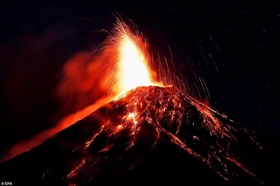 Thousands have been urged to evacuate after an increased eruption of Guatemala's 12,300ft 'Volcano of Fire'. Images captured overnight show huge amounts of lava and ash spewing out