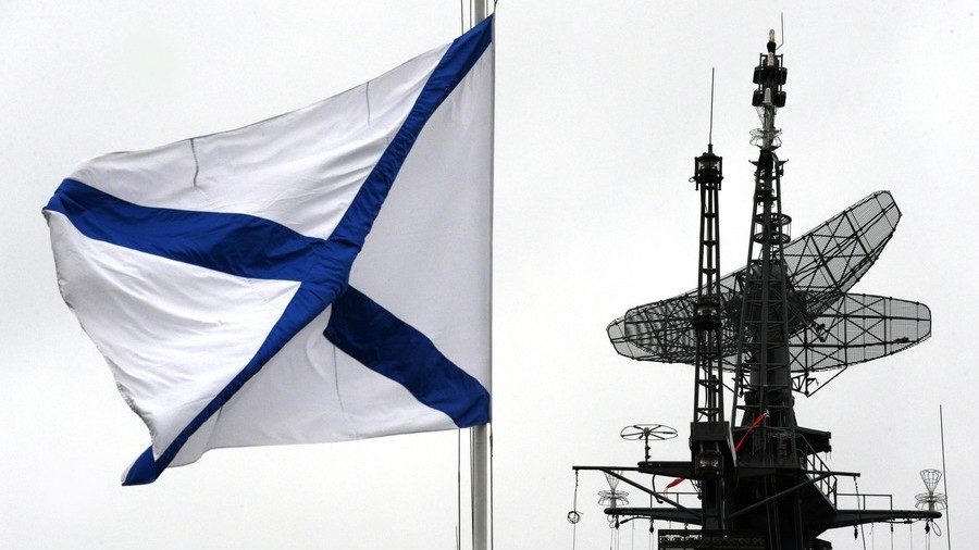 Click to enlarge Russian Navy flag & russian warship Northern Sea Route