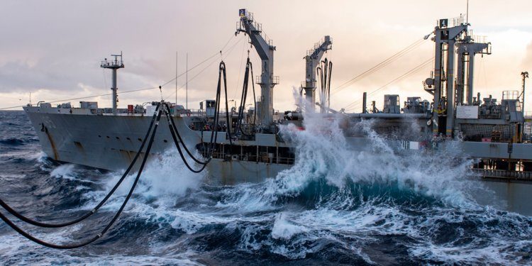 Click to enlarge USNS Leroy Grumman alongside USS Iwo Jima Norwegian Sea, operation Trident Juncture