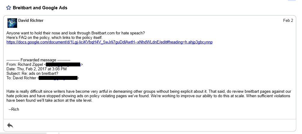 Google Breitbart email
