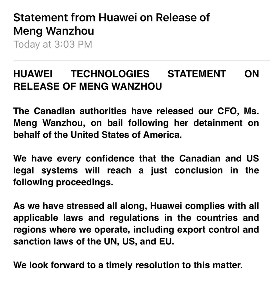 Huawei statement on Meng Whanzou release