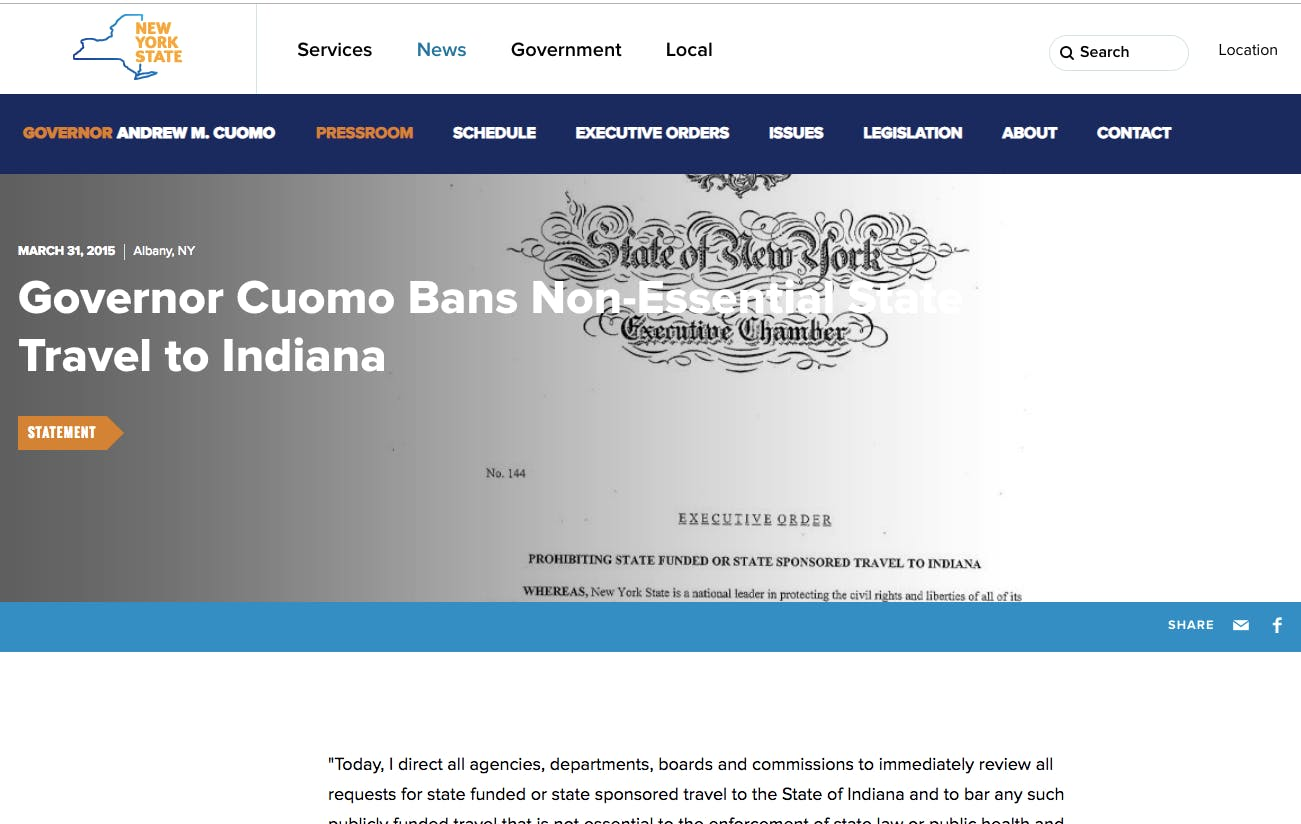 NY Governor bans travel Indiana
