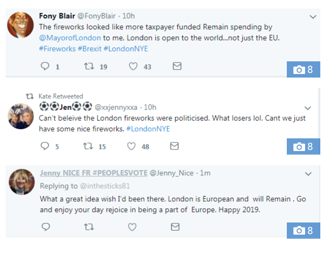 Click to enlarge Tweets critcising Khan London fireworks 2019