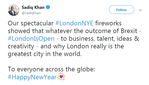 Sadiq Khan tweet LondonNYE fireworks